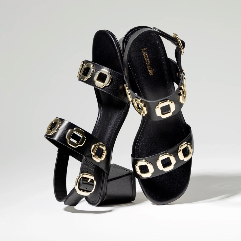 $350 Larroudé Milan Sandal In Black Sz 6 US with Gold Accent NEW